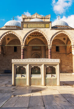 Courtyard of Sezade Mosque with historic ablution fountain in Istanbul Turkey