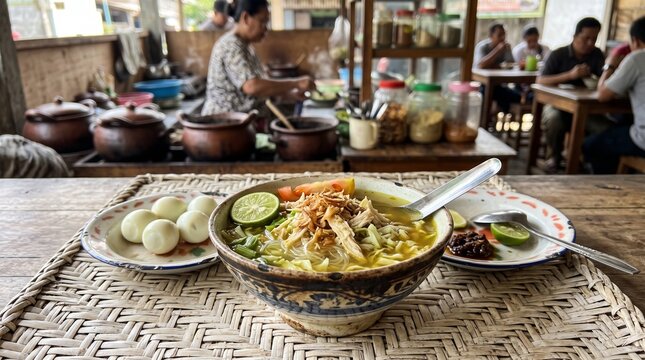 A bowl of traditional Indonesian chicken soup soto ayam served in a rustic street food stall.
