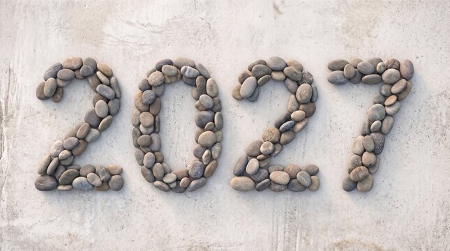 2027 year numbers formed by small grey pebbles. Natural stone arrangement spelling the future date. Creative minimalist concept photography for upcoming business plans and calendar designs