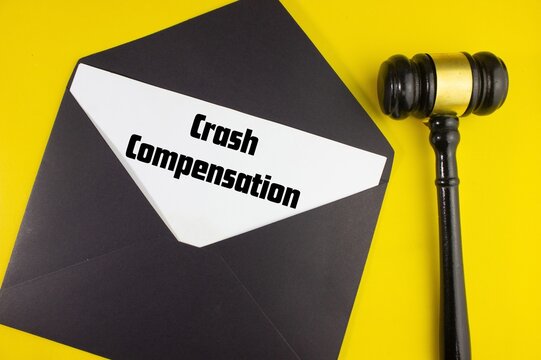 text CRASH COMPENSATION text with a legal gavel, symbolizing accident fines, drunk driving, reckless driving, speeding, alcohol consumption, traffic regulations, violations, and legal responsibilies