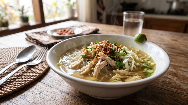 A bowl of traditional Indonesian chicken soto soup served on a wooden table.