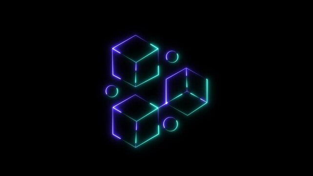Neon Glowing blue and cyan Geometric Cubes Arrangement With Circles on Black Background. Motion Graphic concept. animation