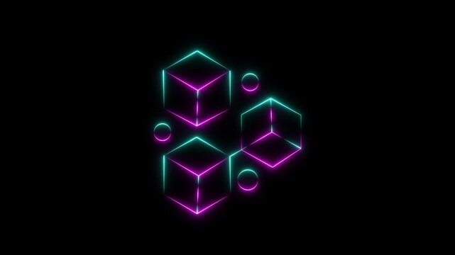 Neon Glowing cyan and pink Geometric Cubes Arrangement With Circles on Black Background. Motion Graphic concept. animation