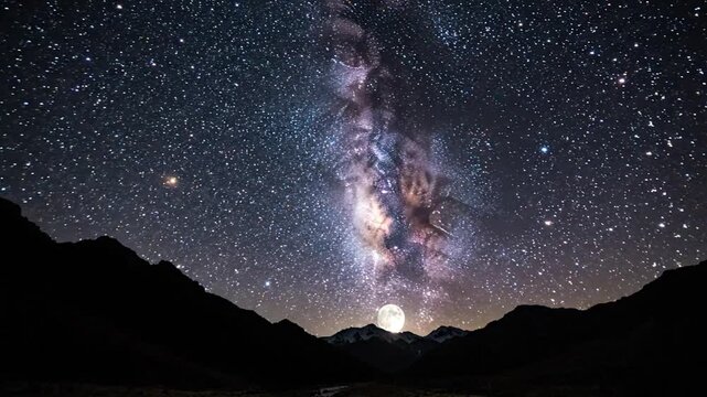 Stunning Milky Way Galaxy and Full Moon Over Silhouetted Mountains at Night