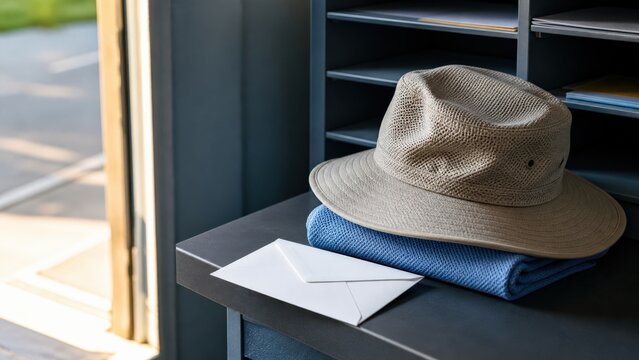 Postal carrier heat safety sun hat and folded towel on a sorting shelf