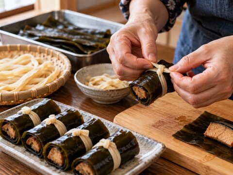 昆布で具材を巻き、かんぴょうで結んで昆布巻きを作るおせち料理の手元