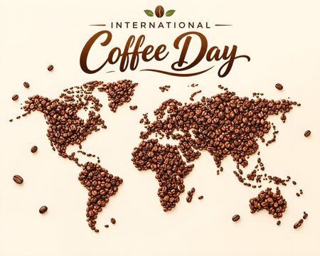 International Coffee Day World Map Made of Coffee Beans &ndash; Global Coffee Culture and Coffee Industry Concept. 