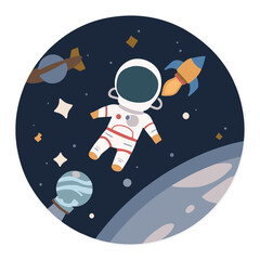 Astronaut Floating in Outer Space Vector with Planets, Rocket, and Stars © Mahid Ahmed