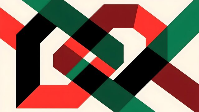 Geometric minimalist abstract artwork, interlocking red and green ribbon pattern, modern artistic graphic background