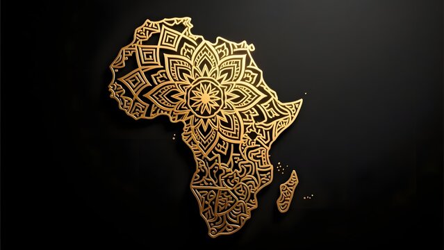 Golden Africa map mandala art, ornate African continent outline, luxury gold floral pattern graphic