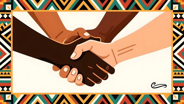 Diverse Handshake Vector Illustration, Multicultural Unity Hands Concept, African Pattern Frame Design