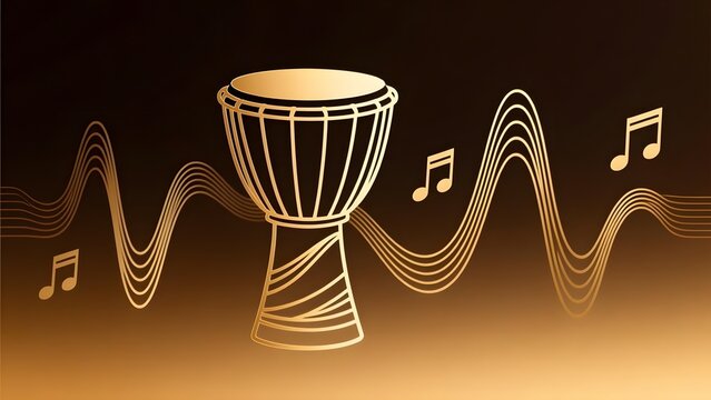 Golden djembe drum vector illustration, ethnic African music background, elegant sound wave graphics