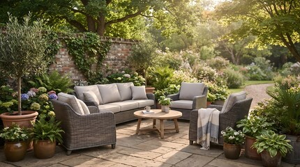 Obraz premium Cozy Outdoor Patio Furniture Set with Lush Green Plants and Garden Sofa 