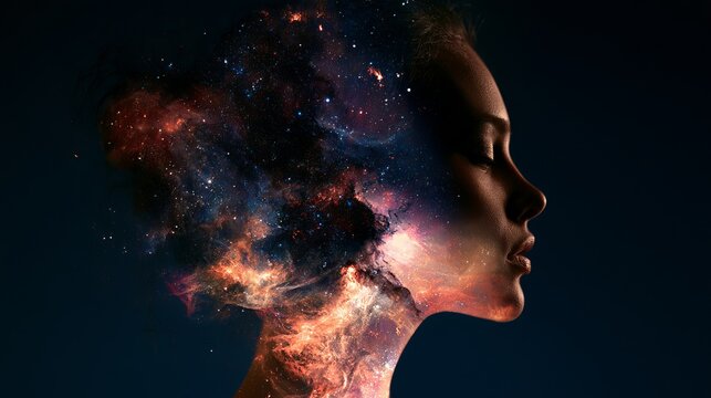 Woman's profile portrait blends into a vibrant cosmic nebula, representing dreams, imagination, and inner space exploration
