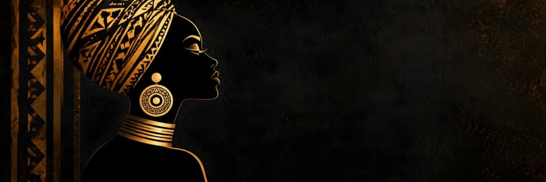 African woman profile silhouette with gold headwrap, elegant black queen portrait, traditional cultural artwork banner