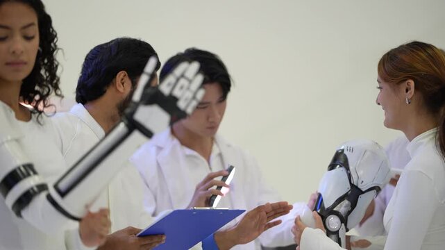Engineers hold a glowing phone light over a humanoid robot head to test its sensors while a colleague in an exoskeleton arm watches, during an iterative design check, a physical AI concept