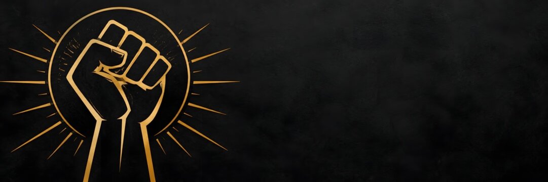 Golden raised fist power icon on dark background, solidarity symbol banner, protest revolution concept header
