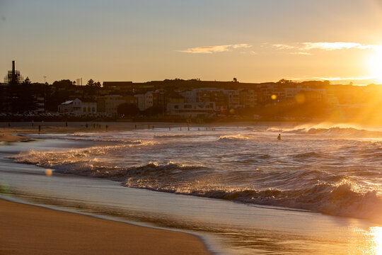 Bondi Beach Sydney, New South Wales, Australia as the tide rolls toward shore at sunset