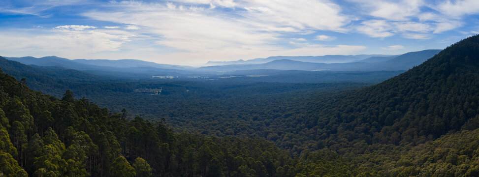 Panorama view of a wide forested valley and distant hazy mountains
