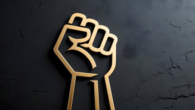 Metallic gold raised fist icon on dark textured wall, unity and solidarity emblem for social activism