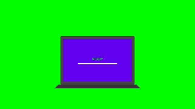 Laptop startup animation showing a system loading screen with progress bar against a bright green chroma key background for video editing and digital technology design projects