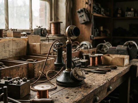 Vintage telephone on wooden workbench in workshop with tools and spools