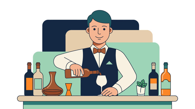 Professional bartender pouring a drink at a bar counter.