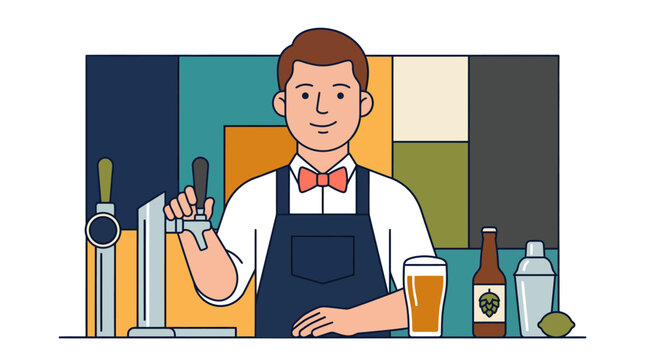 Professional bartender pouring draft beer in a bar.