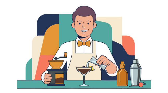 Professional bartender preparing a cocktail drink at a bar counter.
