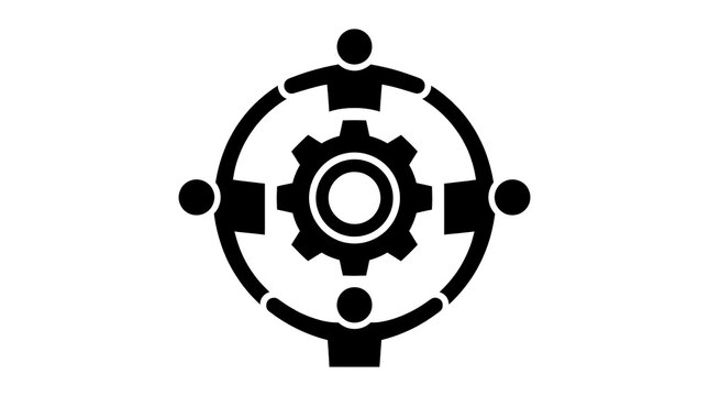 People holding hands around a gear icon on white background