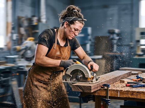 Focused female woodworker wearing safety goggles and leather apron cuts thick walnut timber planks using a professional electric circular saw