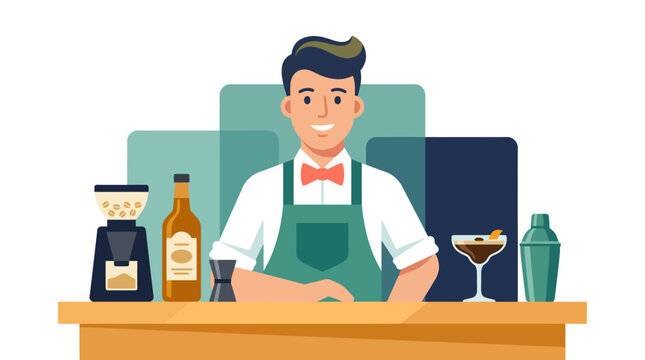 Professional male bartender standing behind a bar counter with cocktail making equipment.