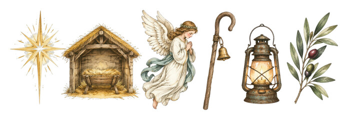 Obraz premium PNG Vintage Christmas nativity angel lantern olive branch illustration