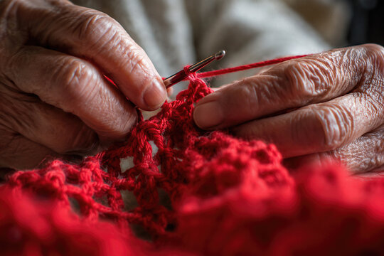Elderly hands using a crochet hook to create handmade textile work, showing traditional crafting and creative leisure, handmade, retirement hobby.