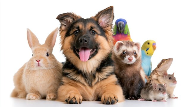 Various common household pets pose together in a  setting.