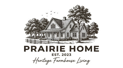 Obraz premium Vintage Hand Drawn Prairie Farmhouse Illustration Logo.