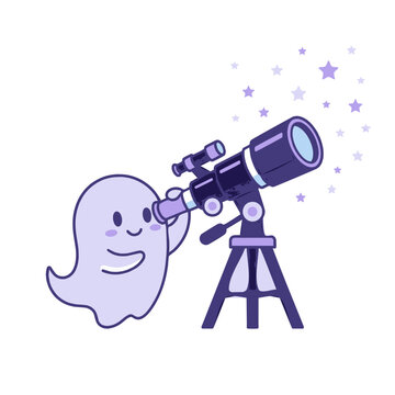 Cute cartoon spirit character looking through astronomical telescope at glittering stars graphi