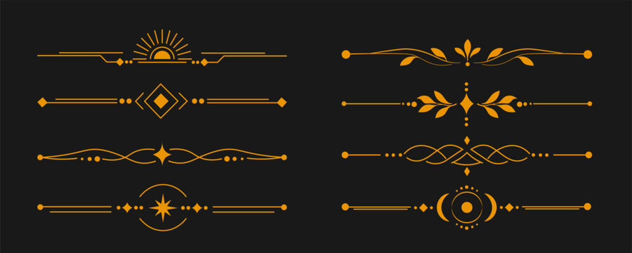 Set of Golden Monoline Divider and Ornament Elements with Celestial, Geometric, and Floral Motifs on Dark Background