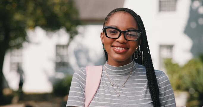 Student, woman and blow kiss for education affection, love learning or playful gesture at campus. Smile, face and black person at college outdoor with academic passion, knowledge thirst and book care