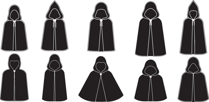 Hooded cloaks and capes silhouettes with various closures for fantasy characters RPG games and historical mystery outfit elements.