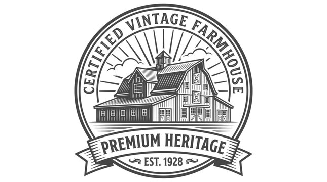 Vintage farmhouse emblem logo design with barn illustration.