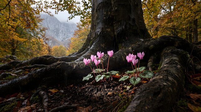Pink cyclamen flowers growing at the base of a large tree in forest with cyclamen botanical woodland wildflowers seasonal outdoors undergrowth delicate atmosphere daylight