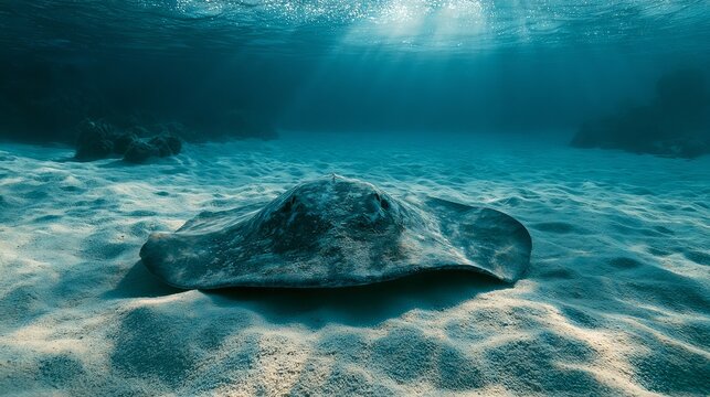 Graceful stingray gliding across sandy seabed, bathed in ocean light, representing marine wildlife and underwater serenity