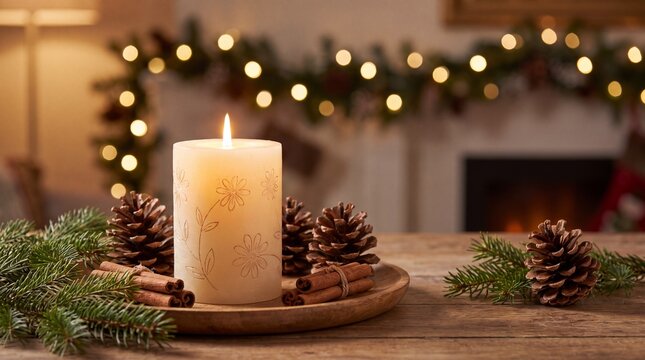 First Advent Sunday &ndash; One Candle Lit in Cozy Christmas Setting with Pinecones and Spices