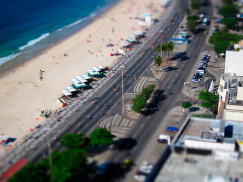 High angle tilt shift view of Copacabana beach in Rio
