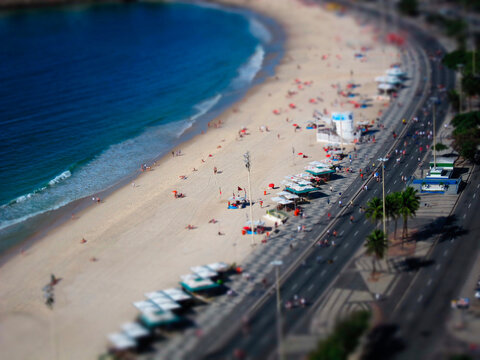 Aerial tilt shift view of Copacabana Beach Rio