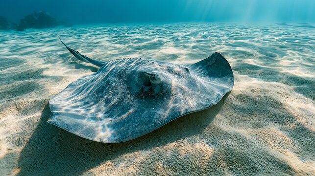 Graceful manta ray gliding through turquoise ocean depths, sunlight creates striking contrast, representing marine beauty