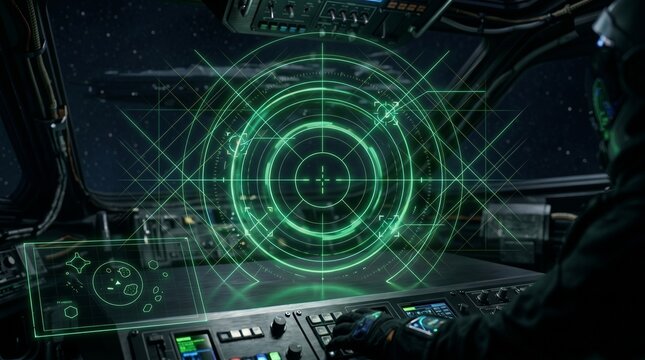 Pilot operating spaceship with green radar display
