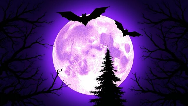 Bats flying in front of a big full moon in a spooky purple night sky with dark trees