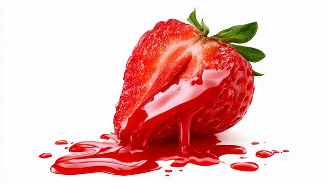 Ripe red strawberry splits open, revealing juicy internal texture, sitting over a clean white surface, perfect food concept